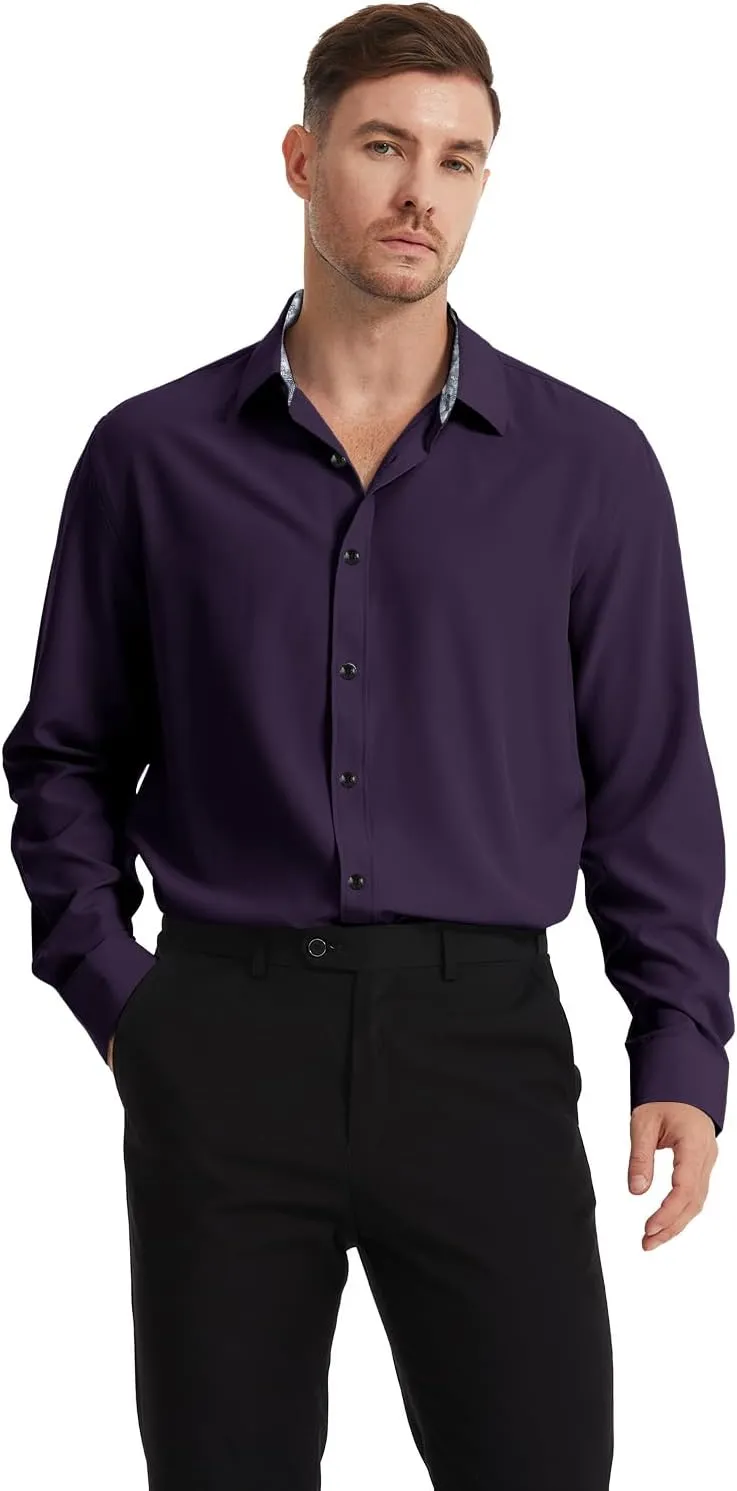 Men's Dress Shirts Long Sleeve Wrinkle-Free Button Down Shirt Men Inner Contrast Stretch Formal Shirts