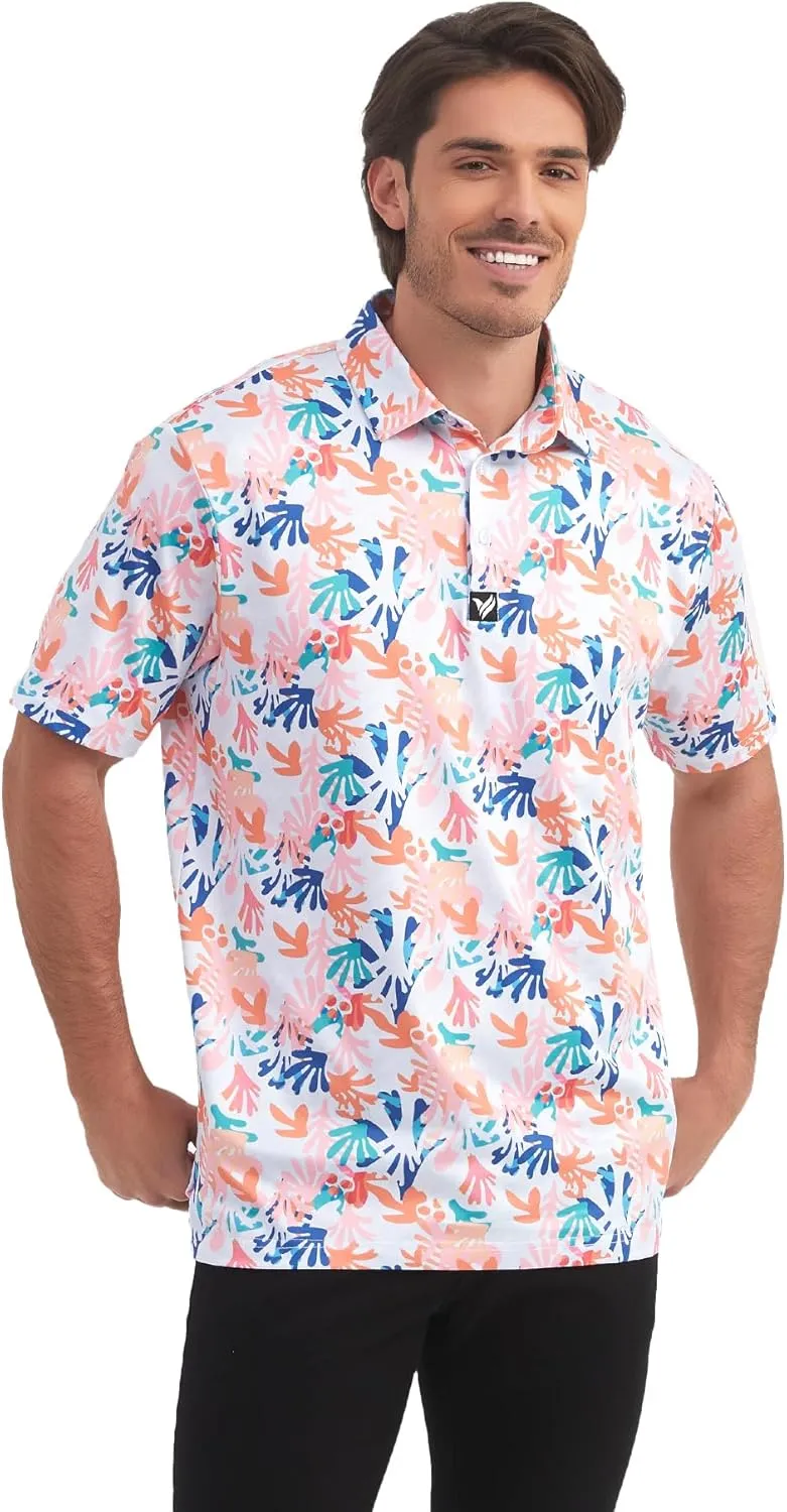 Mens Golf Polo Shirts Short Sleeve Dry Fit Performance Moisture Wicking Casual Print Collared Golf Shirts for Men