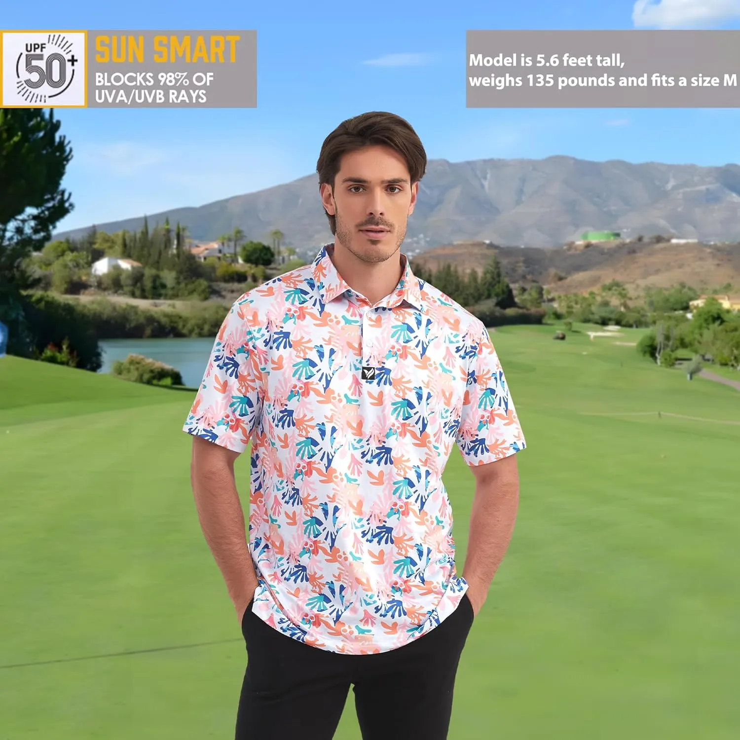 Mens Golf Polo Shirts Short Sleeve Dry Fit Performance Moisture Wicking Casual Print Collared Golf Shirts for Men