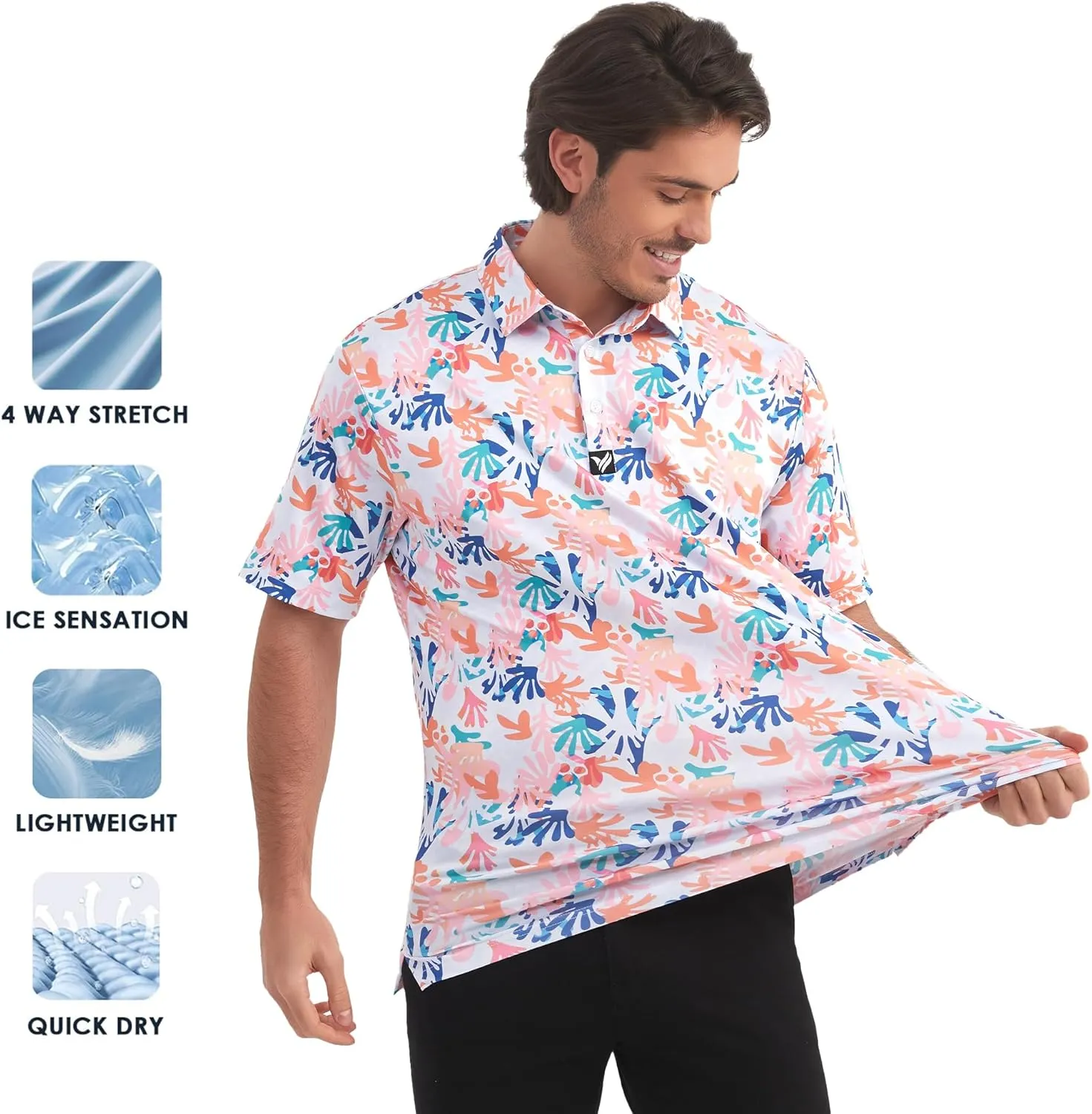 Mens Golf Polo Shirts Short Sleeve Dry Fit Performance Moisture Wicking Casual Print Collared Golf Shirts for Men