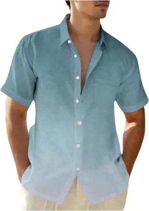 Mens Hawaiian Short Sleeve Gradient Shirts Summer Casual Button Down Shirt Fashion Tropical Vacation Lapel Shirts