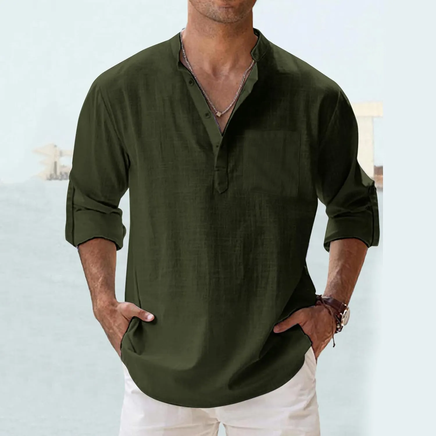 Mens Linen Shirts Long Sleeve Button Up Casual Shirts Loose Fit Comfy Summer Tops 2025 Fashion Beach Vacation Clothes