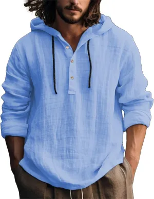 Mens Long Sleeve Linen Hippie Shirts with Hood V Neck Button Up Hooded Sweatshirts Casual Hawaiian Beach Yoga Shirts