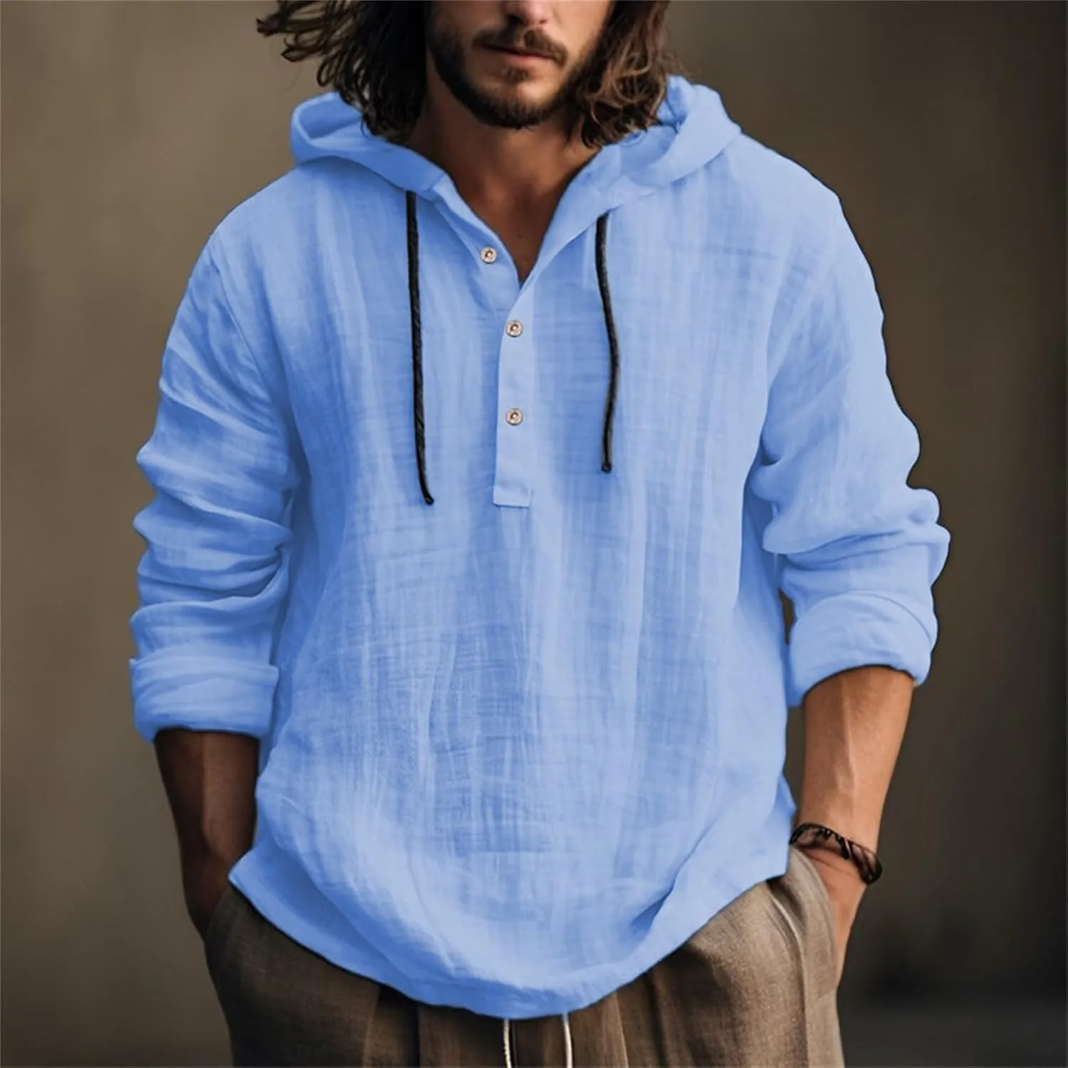 Mens Long Sleeve Linen Hippie Shirts with Hood V Neck Button Up Hooded Sweatshirts Casual Hawaiian Beach Yoga Shirts