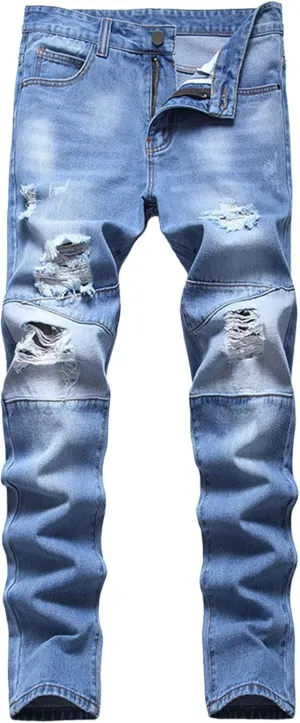 Men's Ripped Slim Fit Jean Pants Solid Straight Leg Skinny Denim Pant Stretch Washed Pencil Trouser with Zipper