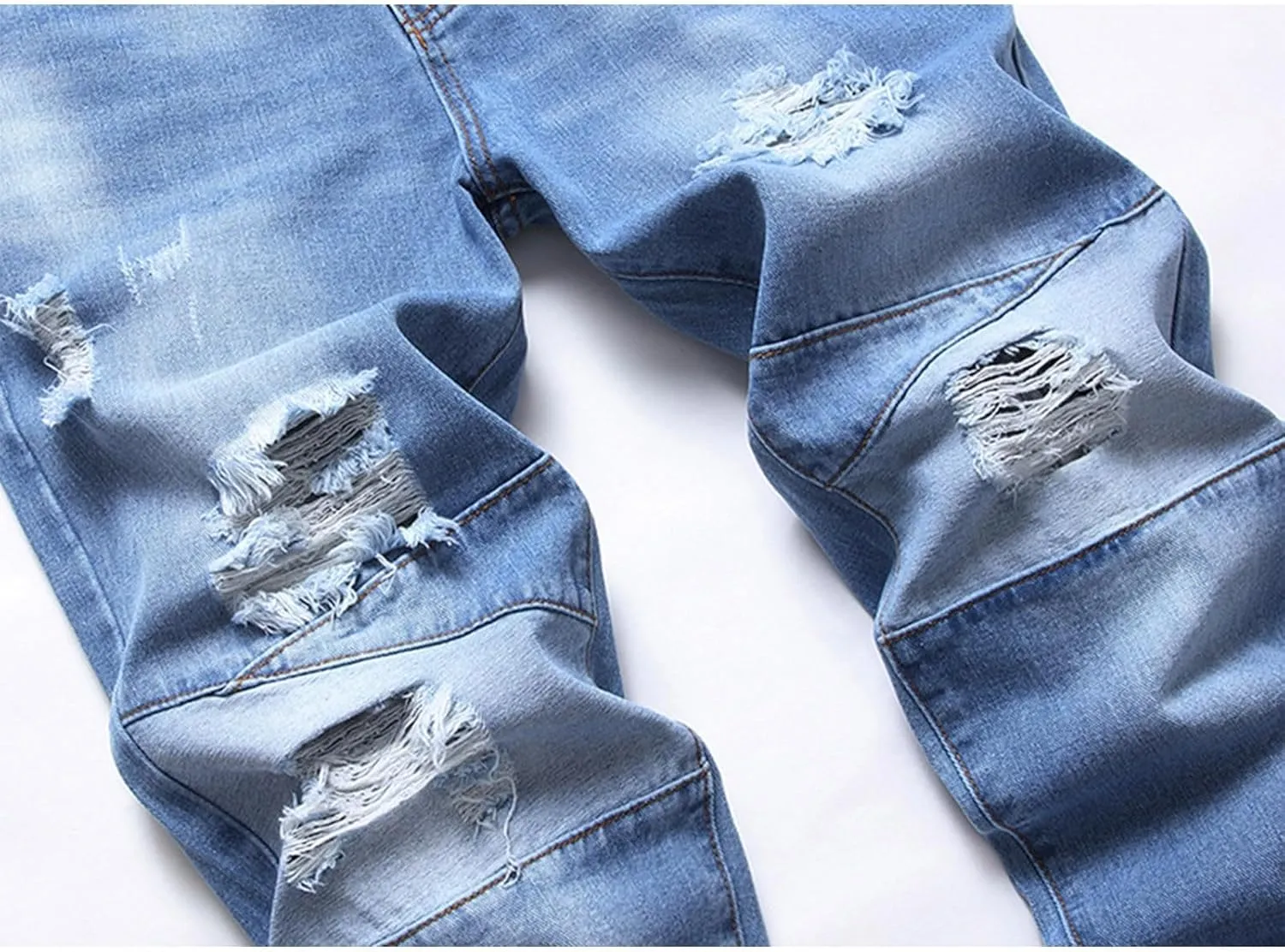 Men's Ripped Slim Fit Jean Pants Solid Straight Leg Skinny Denim Pant Stretch Washed Pencil Trouser with Zipper