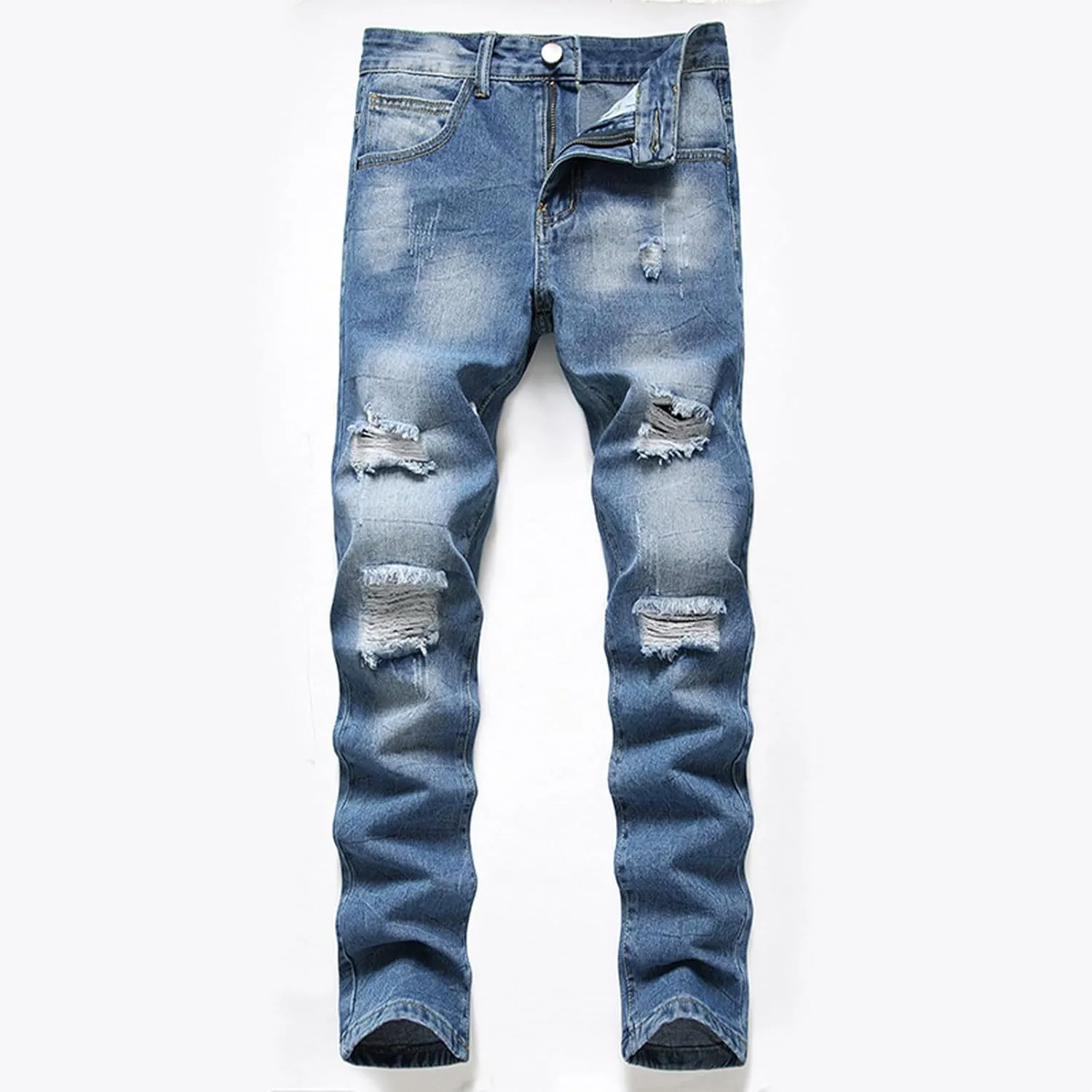 Men's Ripped Slim Fit Jean Pants Solid Straight Leg Skinny Denim Pant Stretch Washed Pencil Trouser with Zipper