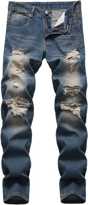Men's Ripped Slim Fit Jean Pants Solid Straight Leg Skinny Denim Pant Stretch Washed Pencil Trouser with Zipper