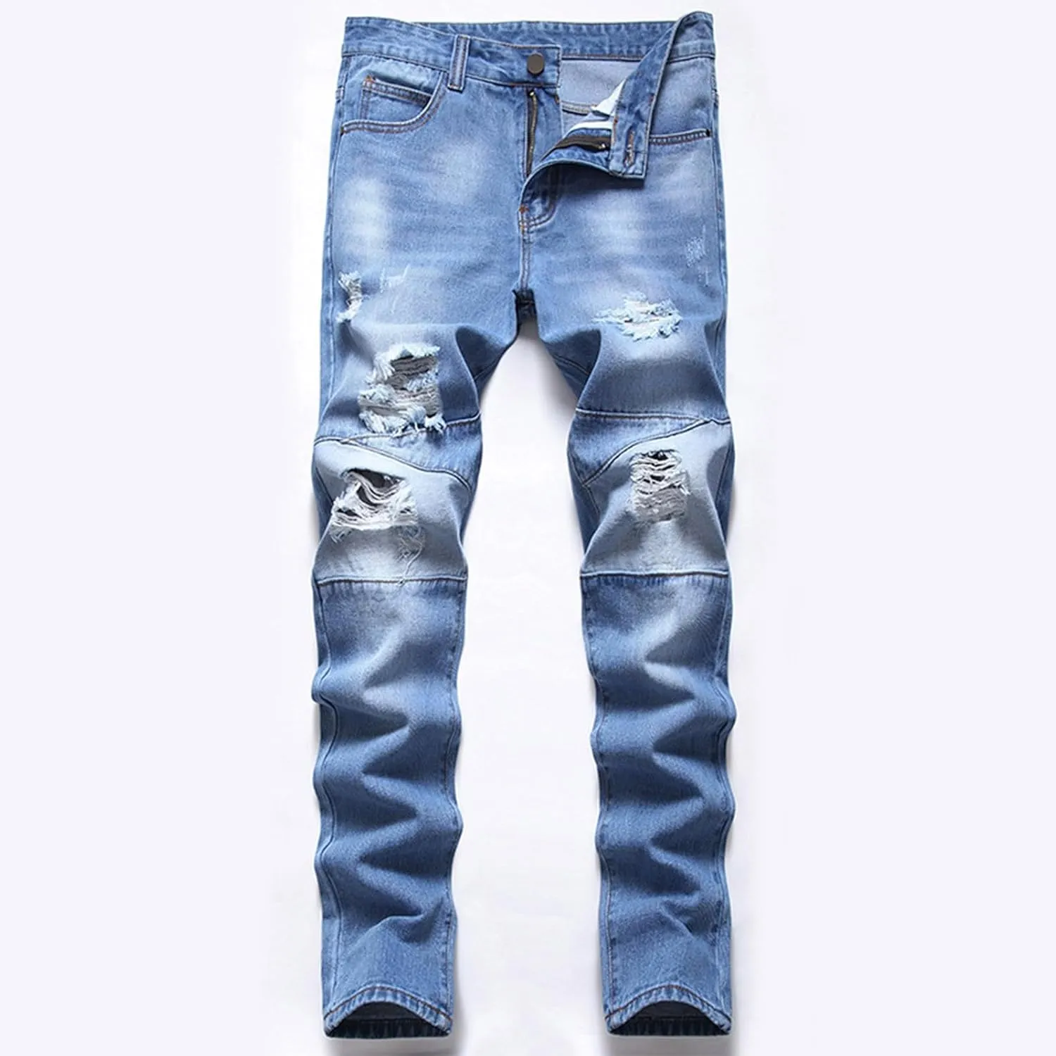 Men's Ripped Slim Fit Jean Pants Solid Straight Leg Skinny Denim Pant Stretch Washed Pencil Trouser with Zipper