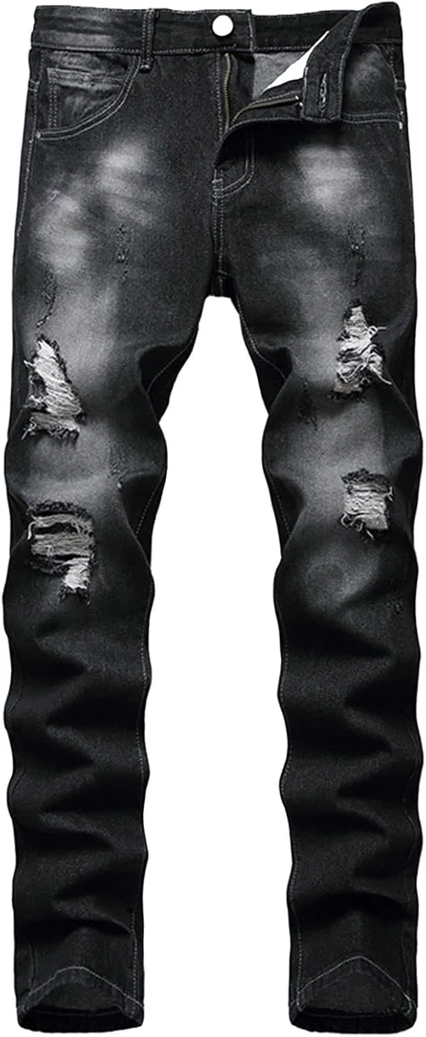Men's Ripped Slim Fit Jean Pants Solid Straight Leg Skinny Denim Pant Stretch Washed Pencil Trouser with Zipper