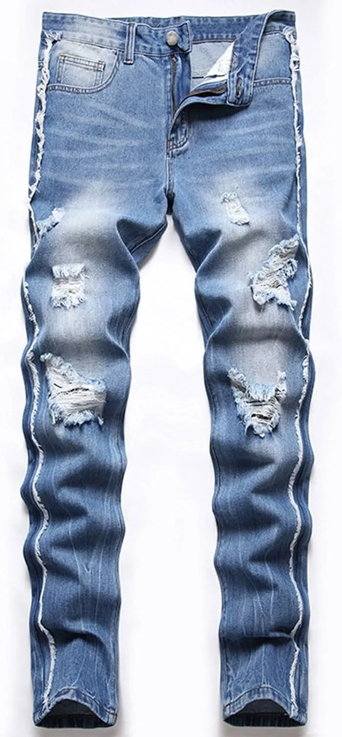 Men's Ripped Slim Fit Jean Pants Solid Straight Leg Skinny Denim Pant Stretch Washed Pencil Trouser with Zipper
