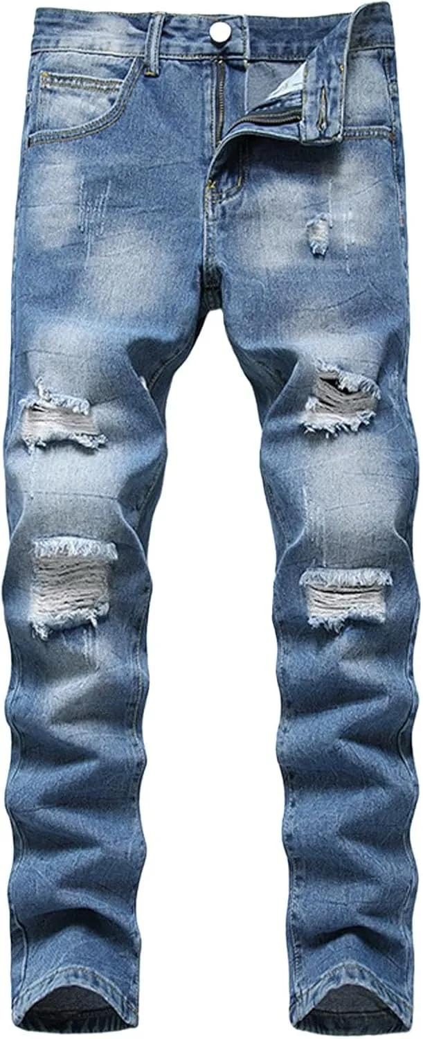 Men's Ripped Slim Fit Jean Pants Solid Straight Leg Skinny Denim Pant Stretch Washed Pencil Trouser with Zipper