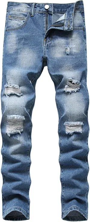 Men's Ripped Slim Fit Jean Pants Solid Straight Leg Skinny Denim Pant Stretch Washed Pencil Trouser with Zipper