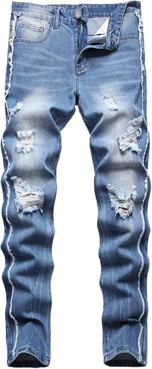Men's Ripped Slim Fit Jean Pants Solid Straight Leg Skinny Denim Pant Stretch Washed Pencil Trouser with Zipper
