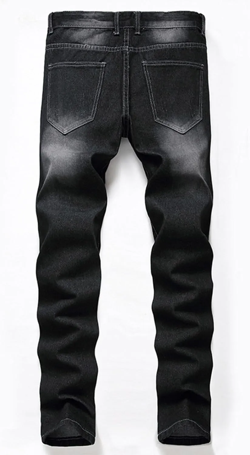 Men's Ripped Slim Fit Jean Pants Solid Straight Leg Skinny Denim Pant Stretch Washed Pencil Trouser with Zipper