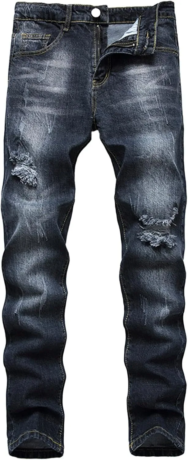Men's Ripped Slim Fit Jean Pants Solid Straight Leg Skinny Denim Pant Stretch Washed Pencil Trouser with Zipper