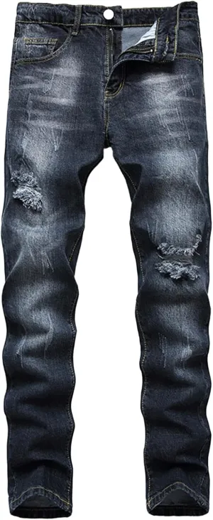 Men's Ripped Slim Fit Jean Pants Solid Straight Leg Skinny Denim Pant Stretch Washed Pencil Trouser with Zipper