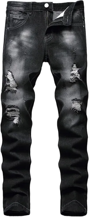 Men's Ripped Slim Fit Jean Pants Solid Straight Leg Skinny Denim Pant Stretch Washed Pencil Trouser with Zipper