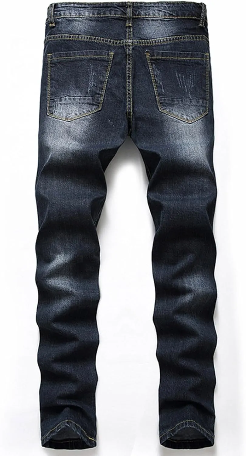 Men's Ripped Slim Fit Jean Pants Solid Straight Leg Skinny Denim Pant Stretch Washed Pencil Trouser with Zipper