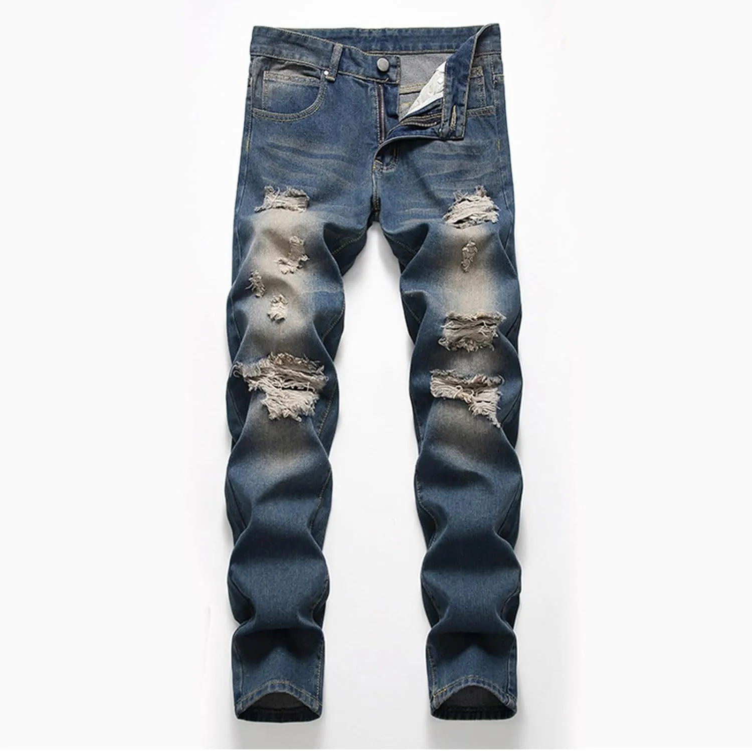 Men's Ripped Slim Fit Jean Pants Solid Straight Leg Skinny Denim Pant Stretch Washed Pencil Trouser with Zipper