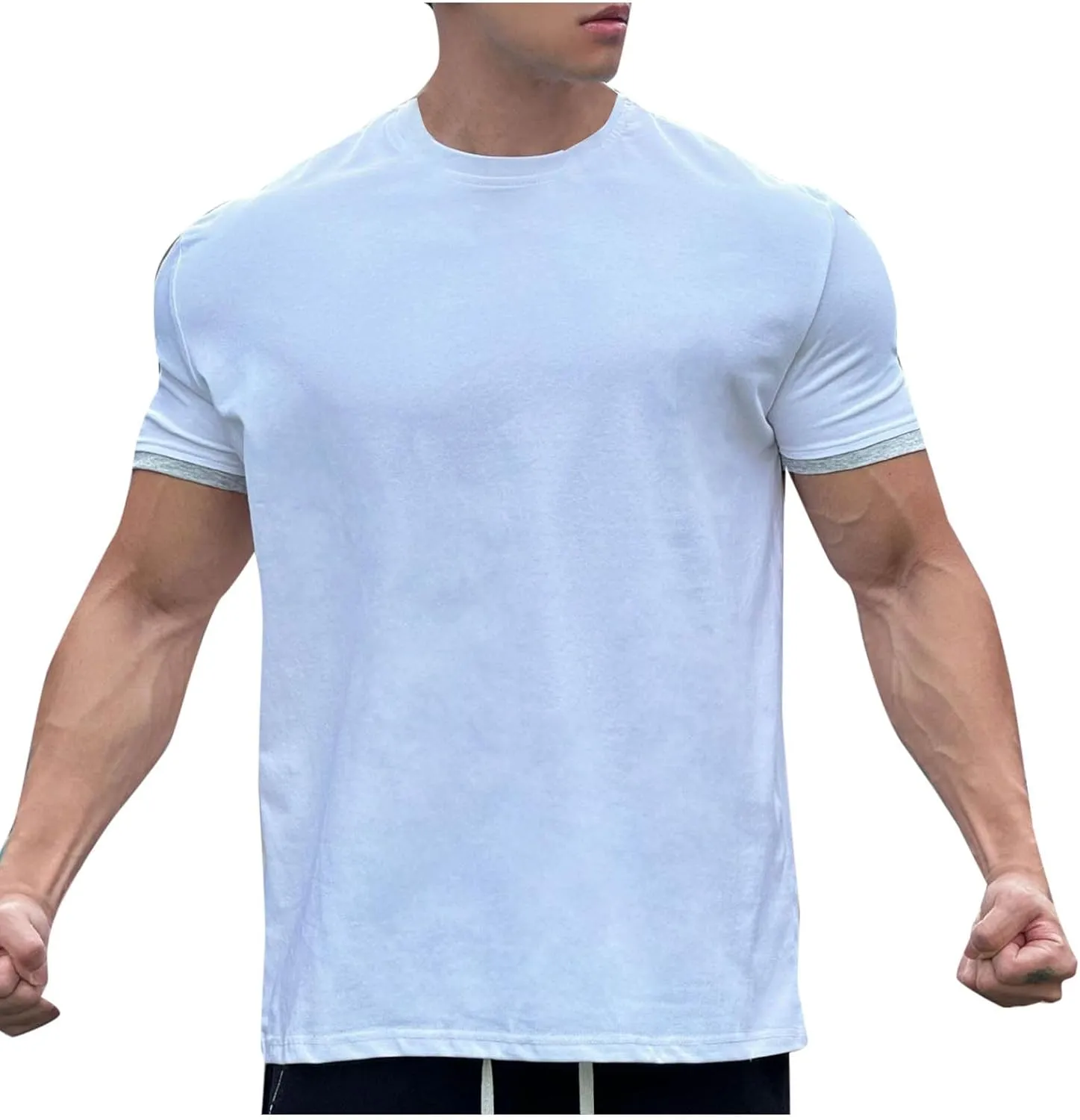 Mens Short Sleeve Workout Shirts Casual Crew-Neck Slim Fit Stretch Cotton Shirt Quick Dry Mens Gym Shirts
