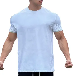 Mens Short Sleeve Workout Shirts Casual Crew-Neck Slim Fit Stretch Cotton Shirt Quick Dry Mens Gym Shirts