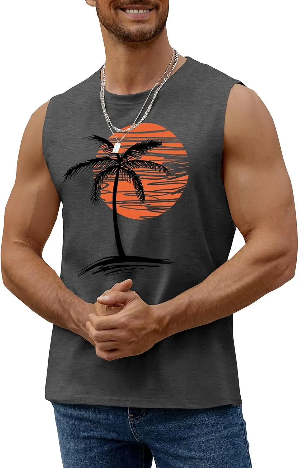 Mens Summer Beach Tank Top Tropical Hawaiian Palm Tree Print Sleeveless Shirts Muscle Tee Vacation Shirts