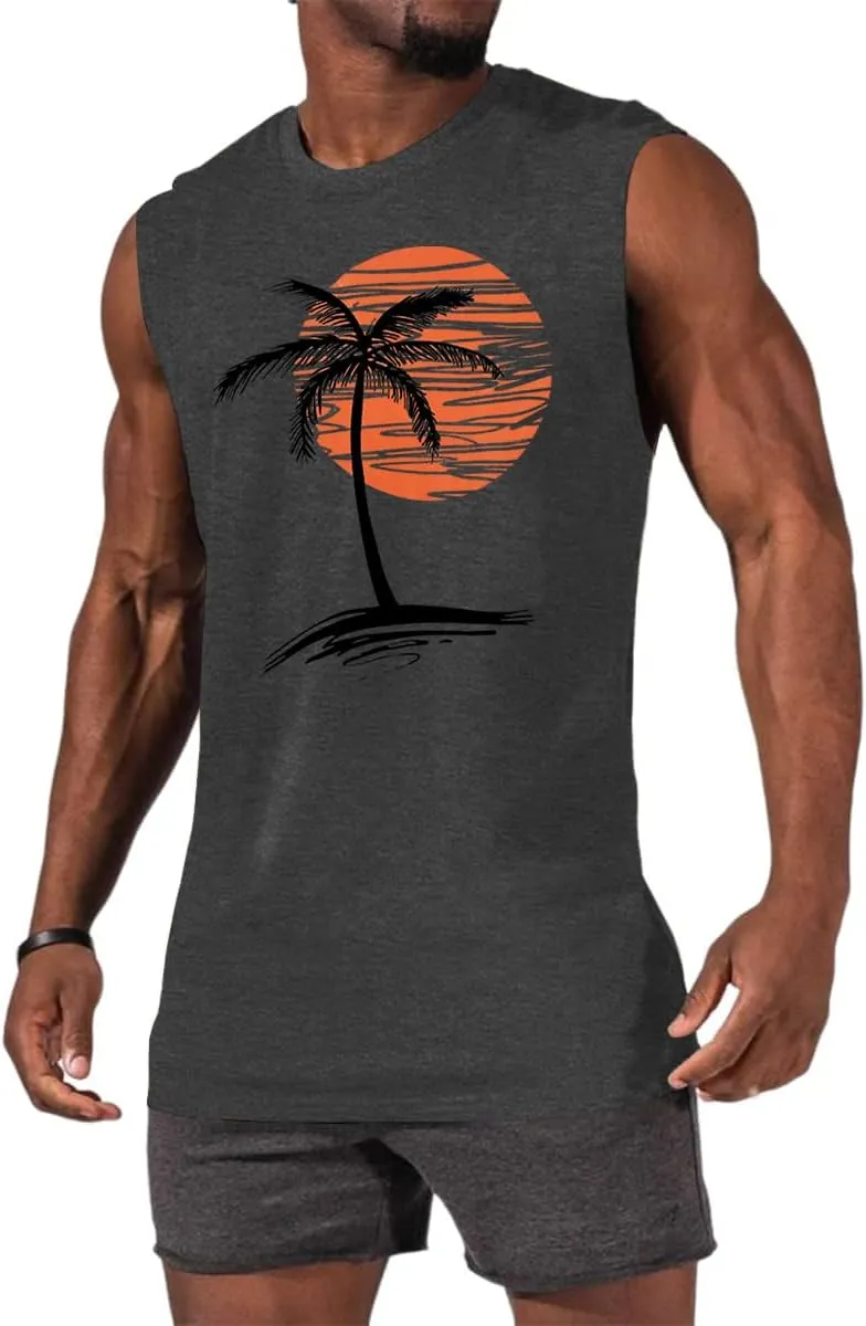 Mens Summer Beach Tank Top Tropical Hawaiian Palm Tree Print Sleeveless Shirts Muscle Tee Vacation Shirts