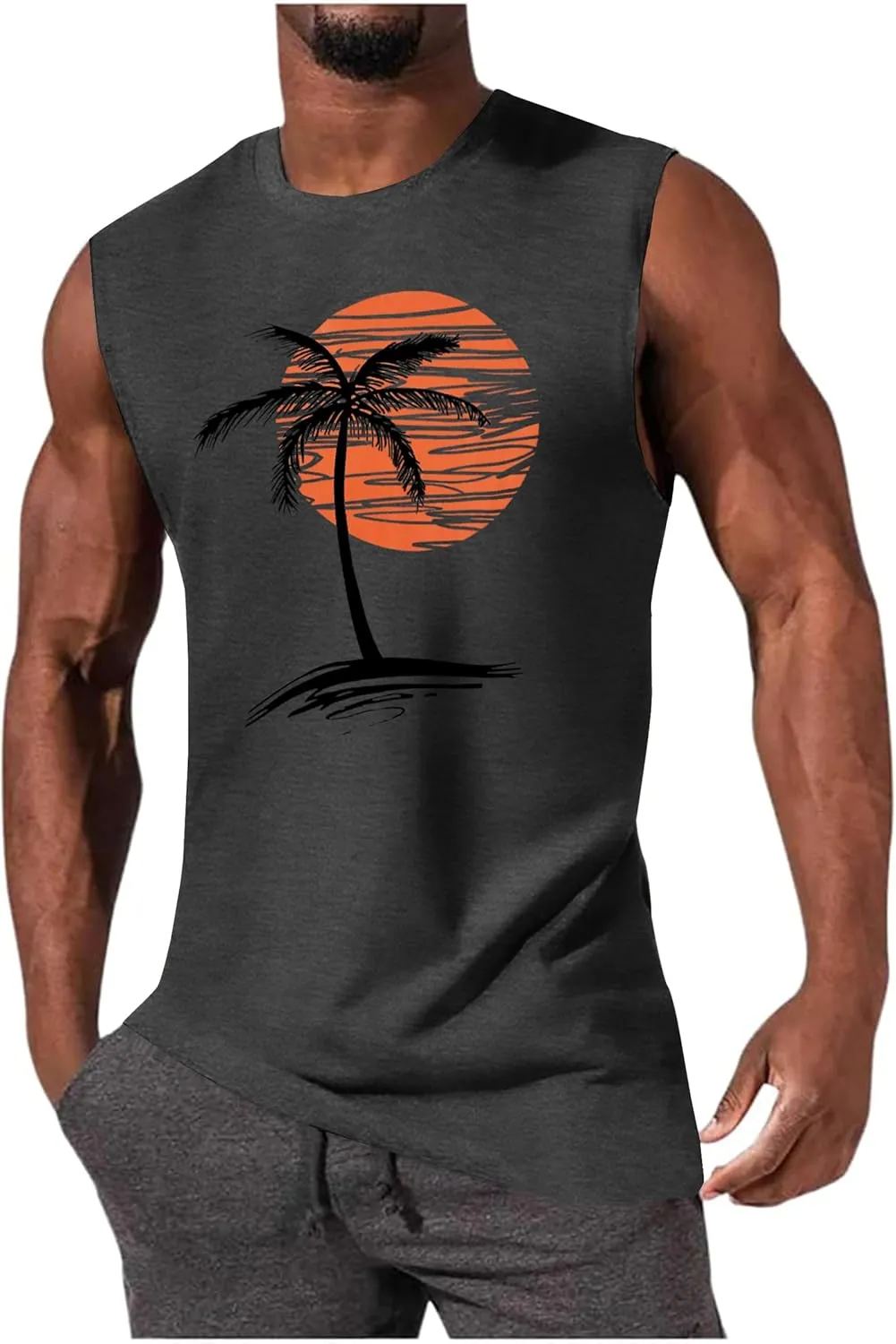 Mens Summer Beach Tank Top Tropical Hawaiian Palm Tree Print Sleeveless Shirts Muscle Tee Vacation Shirts