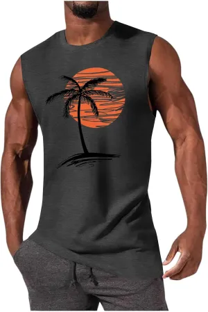 Mens Summer Beach Tank Top Tropical Hawaiian Palm Tree Print Sleeveless Shirts Muscle Tee Vacation Shirts
