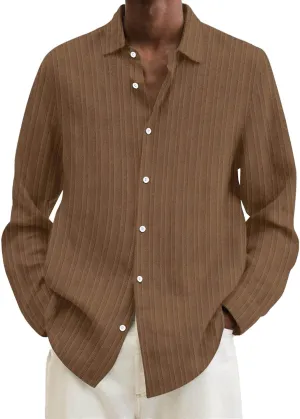Men's Summer Cotton Linen Shirts Long Sleeve Casual Button Down Shirt Plus Size Lightweight Loose Beach Holiday Tops