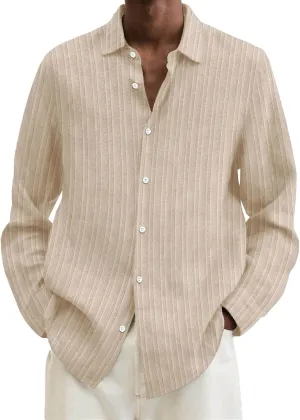 Men's Summer Cotton Linen Shirts Long Sleeve Casual Button Down Shirt Plus Size Lightweight Loose Beach Holiday Tops