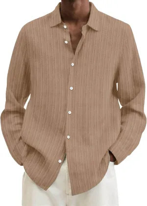 Men's Summer Cotton Linen Shirts Long Sleeve Casual Button Down Shirt Plus Size Lightweight Loose Beach Holiday Tops