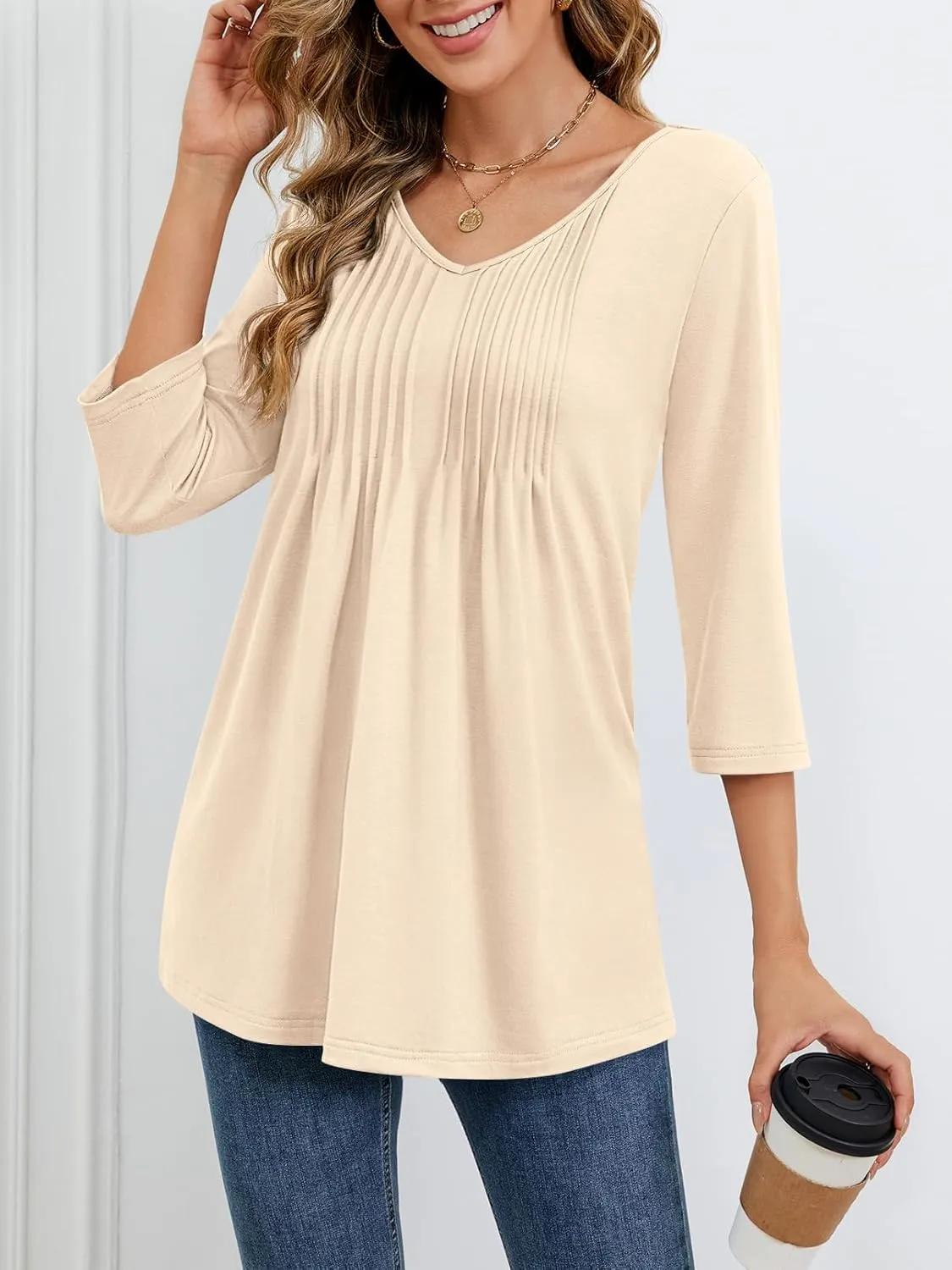 MEROKEETY 3/4 Length Sleeve Womens Tops Summer Casual Pleated Tunic Tops Loose Fit Shirts Blouses