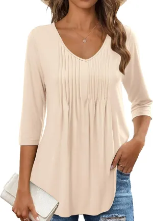 MEROKEETY 3/4 Length Sleeve Womens Tops Summer Casual Pleated Tunic Tops Loose Fit Shirts Blouses