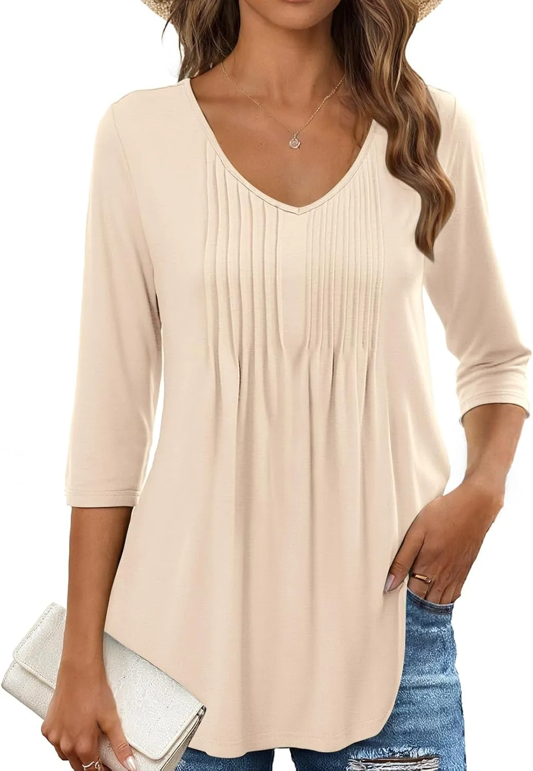 MEROKEETY 3/4 Length Sleeve Womens Tops Summer Casual Pleated Tunic Tops Loose Fit Shirts Blouses