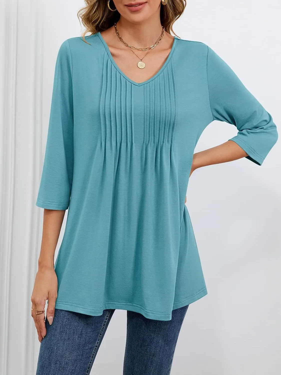 MEROKEETY 3/4 Length Sleeve Womens Tops Summer Casual Pleated Tunic Tops Loose Fit Shirts Blouses
