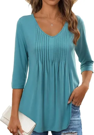 MEROKEETY 3/4 Length Sleeve Womens Tops Summer Casual Pleated Tunic Tops Loose Fit Shirts Blouses