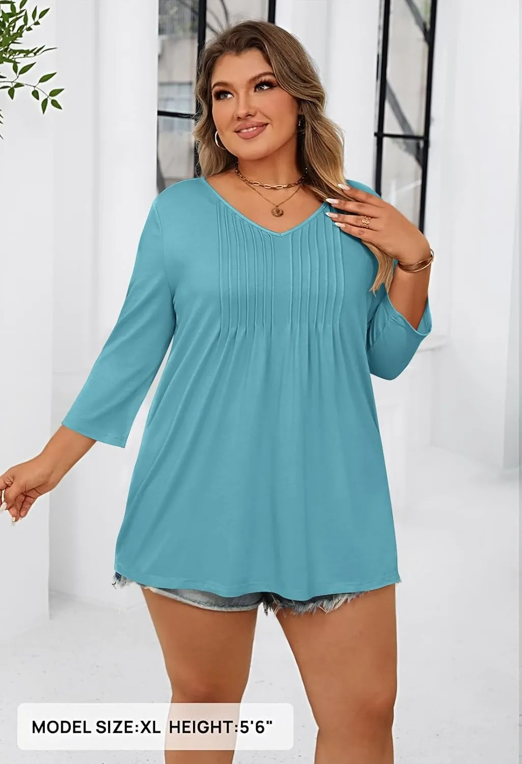MEROKEETY 3/4 Length Sleeve Womens Tops Summer Casual Pleated Tunic Tops Loose Fit Shirts Blouses