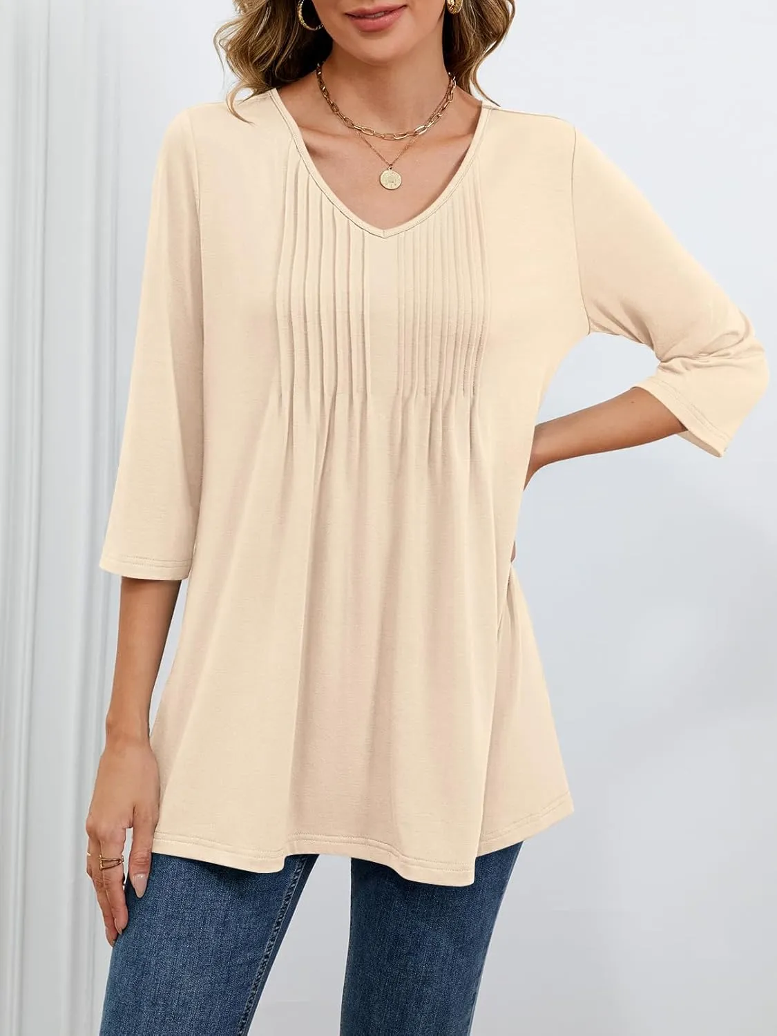 MEROKEETY 3/4 Length Sleeve Womens Tops Summer Casual Pleated Tunic Tops Loose Fit Shirts Blouses