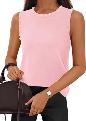 MEROKEETY Women's 2025 Sleeveless Sweater Vest Summer Knit Tank Tops Dressy Casual Crewneck Pearl Blouses