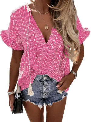 miduo Womens Fashion Summer Short Sleeve V Neck Daisy Embroidery Hollow Out Babydoll Top Blouses