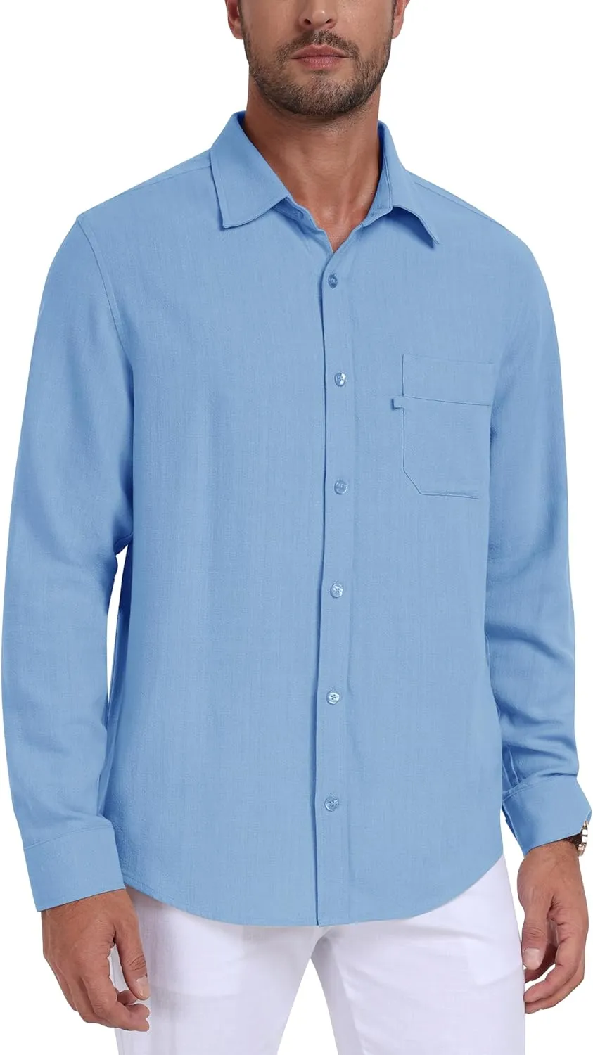 MoFiz Mens Button Down Shirts Long Sleeve Casual Linen Shirts with Pockets Beach Vacation Spring Shrits