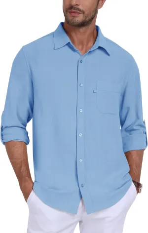 MoFiz Mens Button Down Shirts Long Sleeve Casual Linen Shirts with Pockets Beach Vacation Spring Shrits