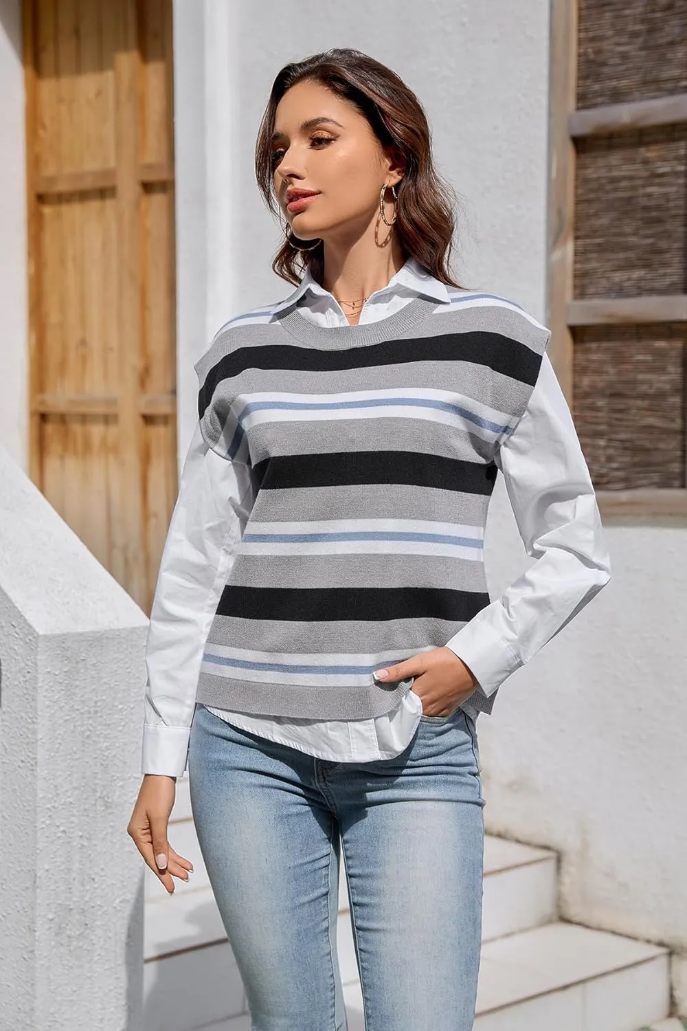 Moreone Womens Sweater Vest Cap Sleeve Crew Neck Sleeveless Casual Ribbed Knit Cropped Pullover Tank Tops