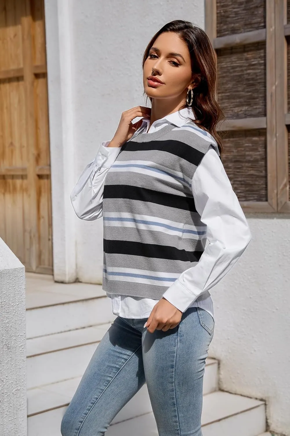 Moreone Womens Sweater Vest Cap Sleeve Crew Neck Sleeveless Casual Ribbed Knit Cropped Pullover Tank Tops