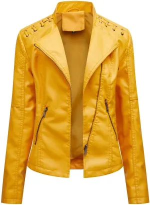 NATHGAM Womens Leather Jacket Long Sleeve Cropped Tops with Zipper Pockets Lightweight Vegan Lapel Biker Jacket Outerwear