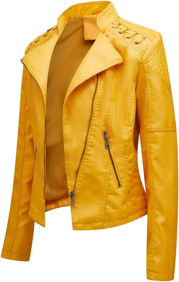 NATHGAM Womens Leather Jacket Long Sleeve Cropped Tops with Zipper Pockets Lightweight Vegan Lapel Biker Jacket Outerwear