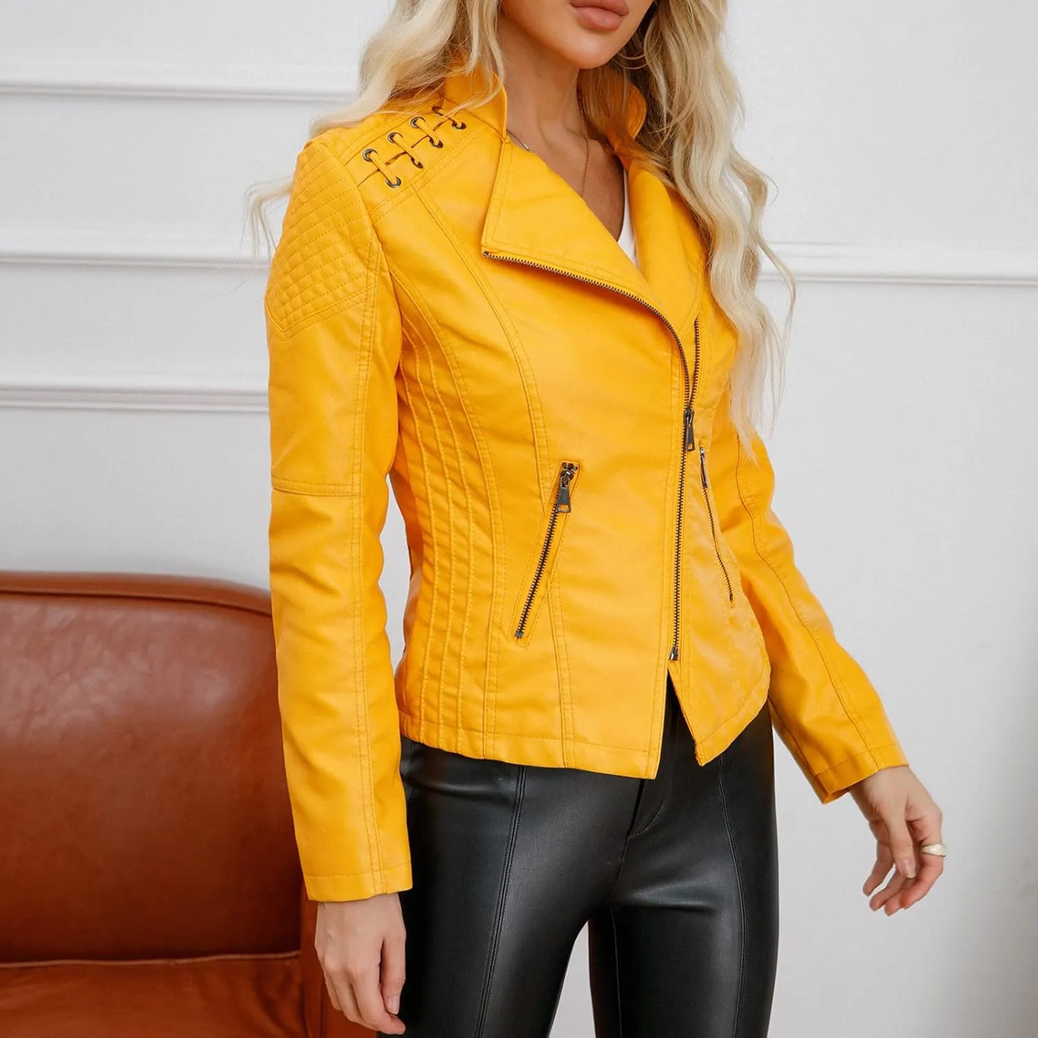 NATHGAM Womens Leather Jacket Long Sleeve Cropped Tops with Zipper Pockets Lightweight Vegan Lapel Biker Jacket Outerwear