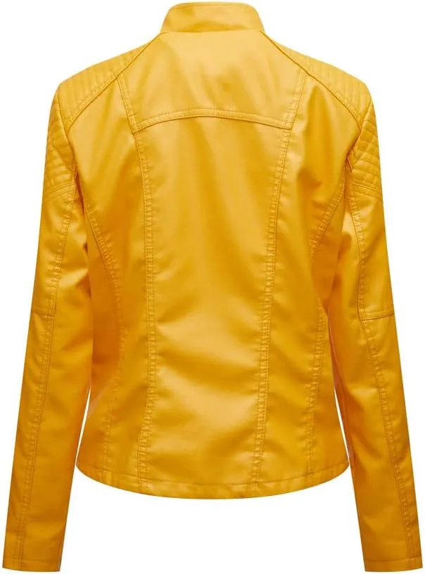 NATHGAM Womens Leather Jacket Long Sleeve Cropped Tops with Zipper Pockets Lightweight Vegan Lapel Biker Jacket Outerwear